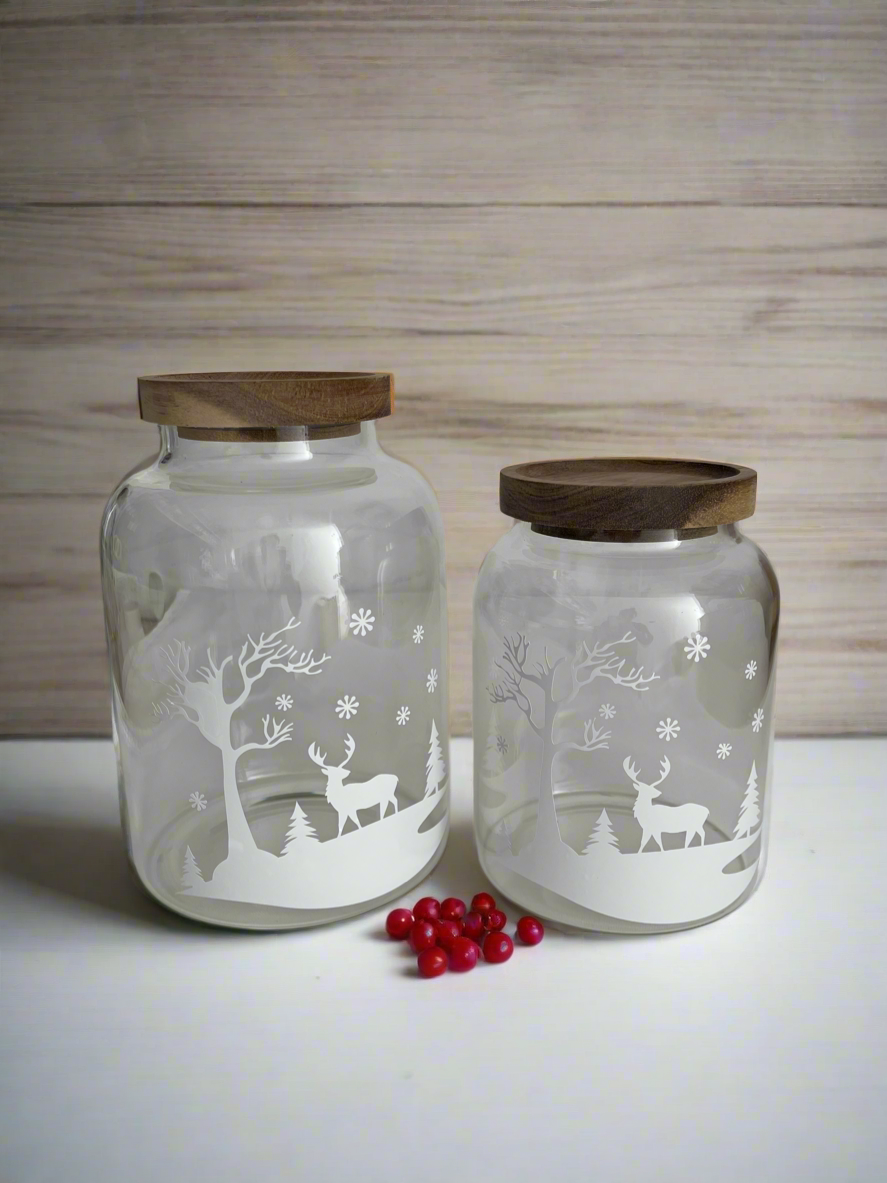 Christmas Glass Storage Jar with Acacia Lid | Large Round Glass Jar | Pantry Jar | Laundry Room Storage | Dried Food Storage