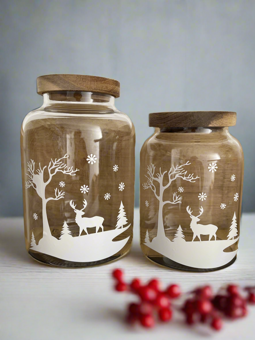Christmas Glass Storage Jar with Acacia Lid | Large Round Glass Jar | Pantry Jar | Laundry Room Storage | Dried Food Storage