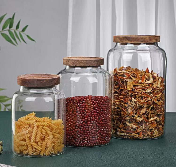 Large Round Glass Jar with Acacia Wood Lid | Pantry Jar | Glass storage | Laundry Room Storage | Dried Food Storage