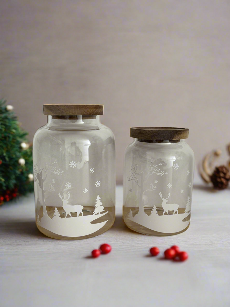 Christmas Glass Storage Jar with Acacia Lid | Large Round Glass Jar | Pantry Jar | Laundry Room Storage | Dried Food Storage