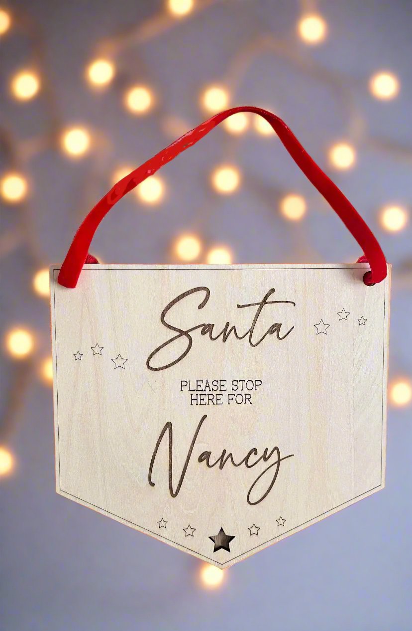 Personalised Santa Stop Here Sign | Door Hanger | Wooden Plaque | Handcrafted | Father Christmas | Seasonal Home Décor