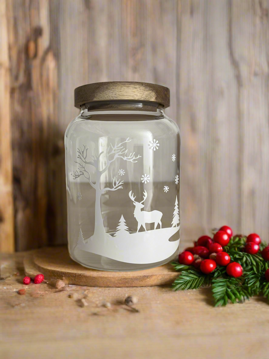 Christmas Glass Storage Jar with Acacia Lid | Large Round Glass Jar | Pantry Jar | Laundry Room Storage | Dried Food Storage