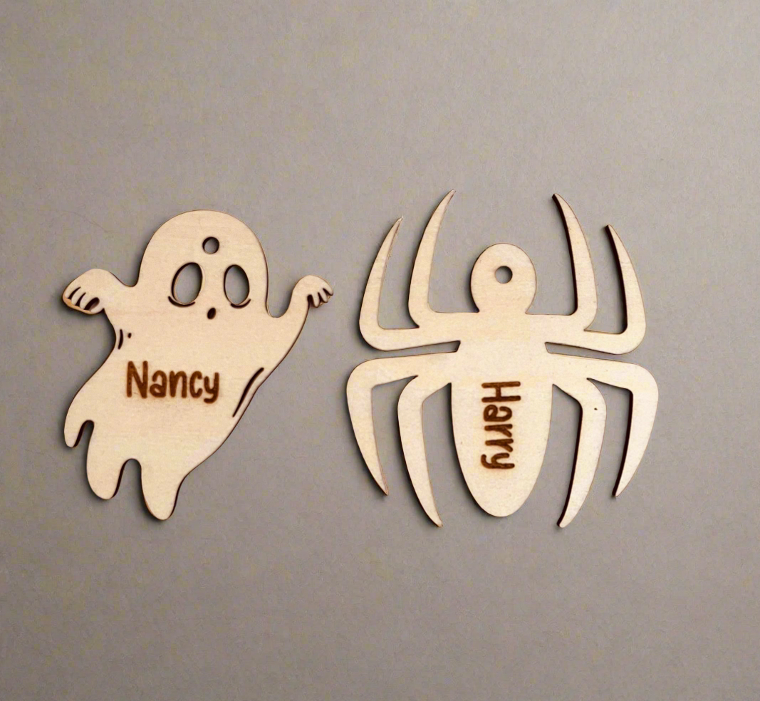 Spider | Ghost | Handmade Gift Tag | Halloween Place Setting | Halloween Bauble | Engraved Wood | Laser Cut