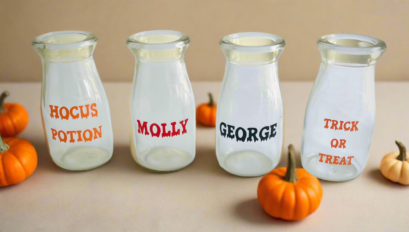 Mini Halloween Milk Bottles With Lid & Straw | Glass | Novelty Glass | Kids | Halloween Party