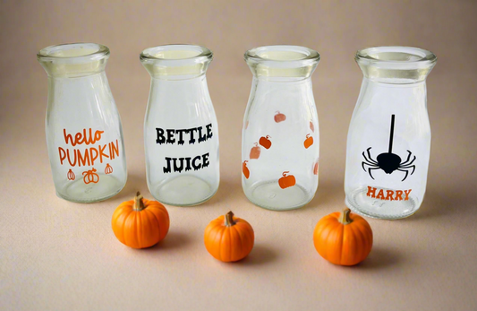Mini Halloween Milk Bottles With Lid & Straw | Glass | Novelty Glass | Kids | Halloween Party