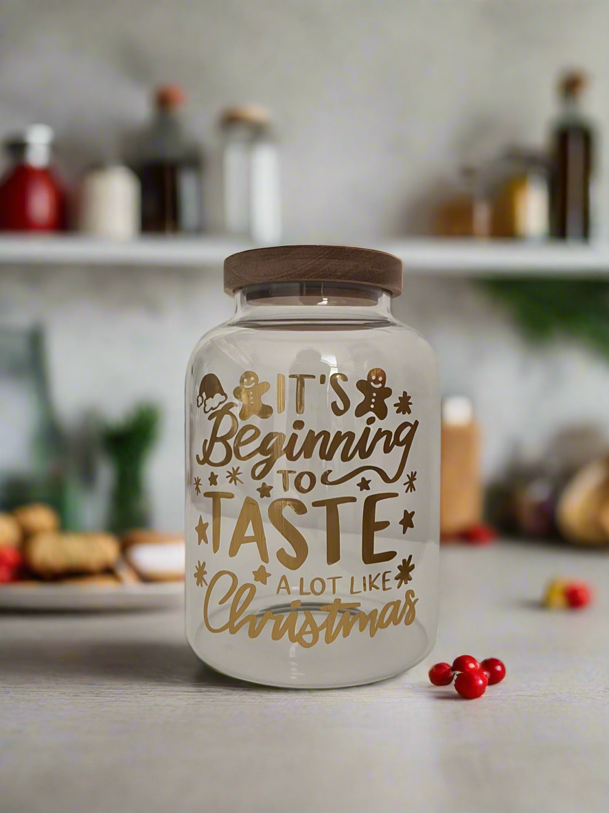 Christmas Glass Storage Jar with Acacia Lid | Large Round Glass Jar | Pantry Jar | Laundry Room Storage | Dried Food Storage