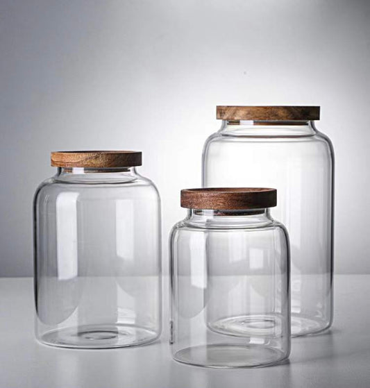Large Round Glass Jar with Acacia Wood Lid | Pantry Jar | Glass storage | Laundry Room Storage | Dried Food Storage