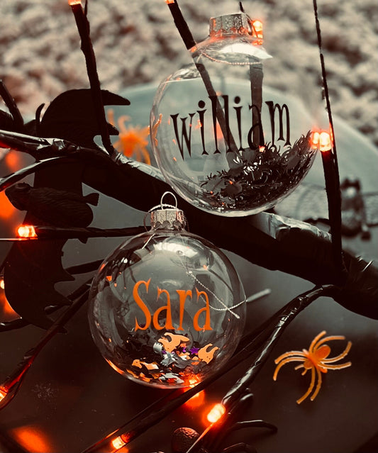 Halloween Glass Bauble | Personalised | Confetti Filled | 8cm | Halloween Tree | Halloween Decor | Spooky Spiders