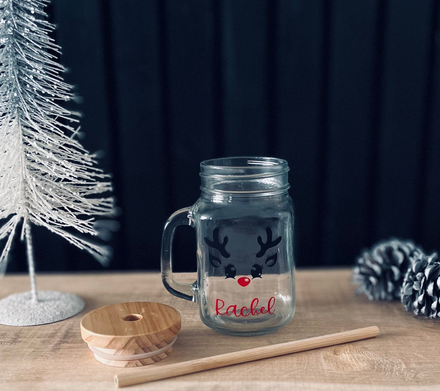 Personalised Reindeer Glass with bamboo straw & lid | Mason Jar | Drinks cup | Cocktail Glass | Hot Chocolate Mug