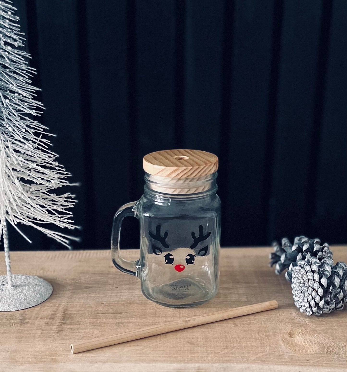 Personalised Reindeer Glass with bamboo straw & lid | Mason Jar | Drinks cup | Cocktail Glass | Hot Chocolate Mug
