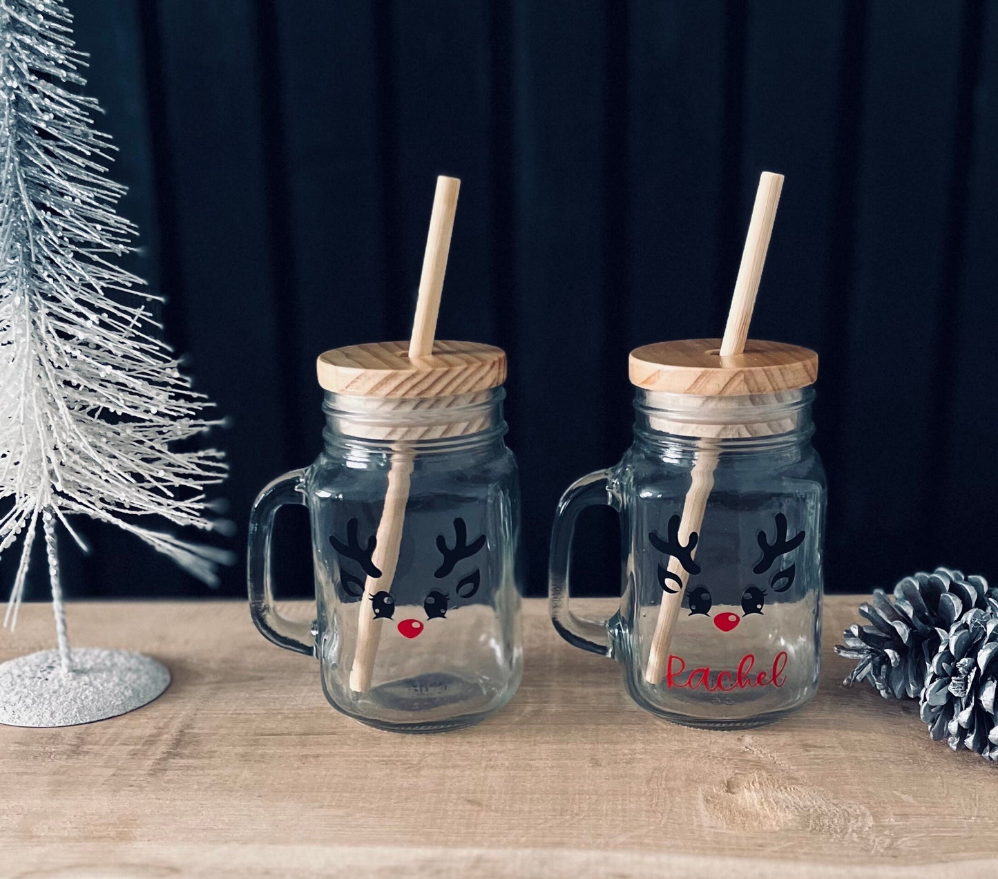 Personalised Reindeer Glass with bamboo straw & lid | Mason Jar | Drinks cup | Cocktail Glass | Hot Chocolate Mug