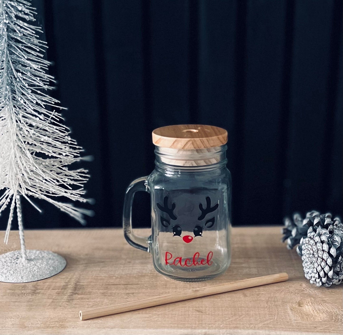 Personalised Reindeer Glass with bamboo straw & lid | Mason Jar | Drinks cup | Cocktail Glass | Hot Chocolate Mug
