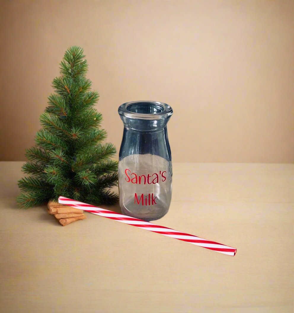 Mini Santa’s Milk Bottles With Lid & Straw | Glass