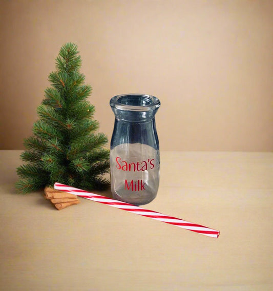 Mini Santa’s Milk Bottles With Lid & Straw | Glass