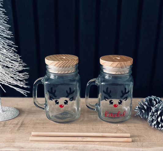 Personalised Reindeer Glass with bamboo straw & lid | Mason Jar | Drinks cup | Cocktail Glass | Hot Chocolate Mug