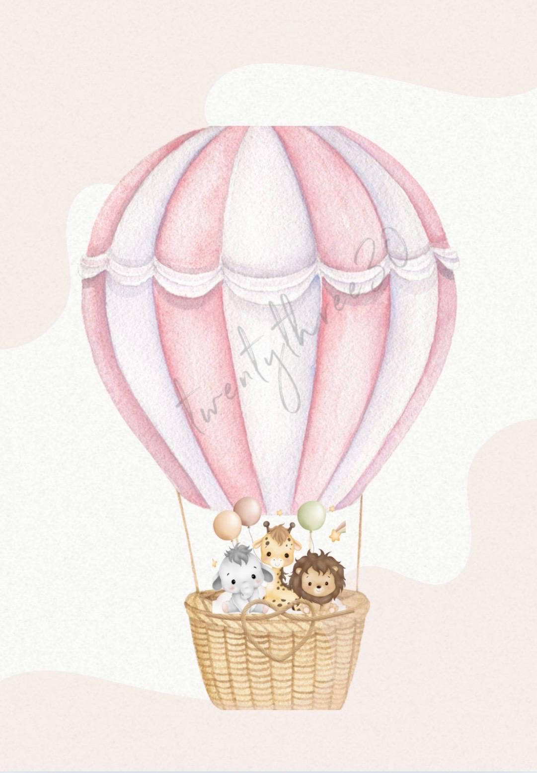 Pink Animal Hot Air Balloon | Nursery Wall Art